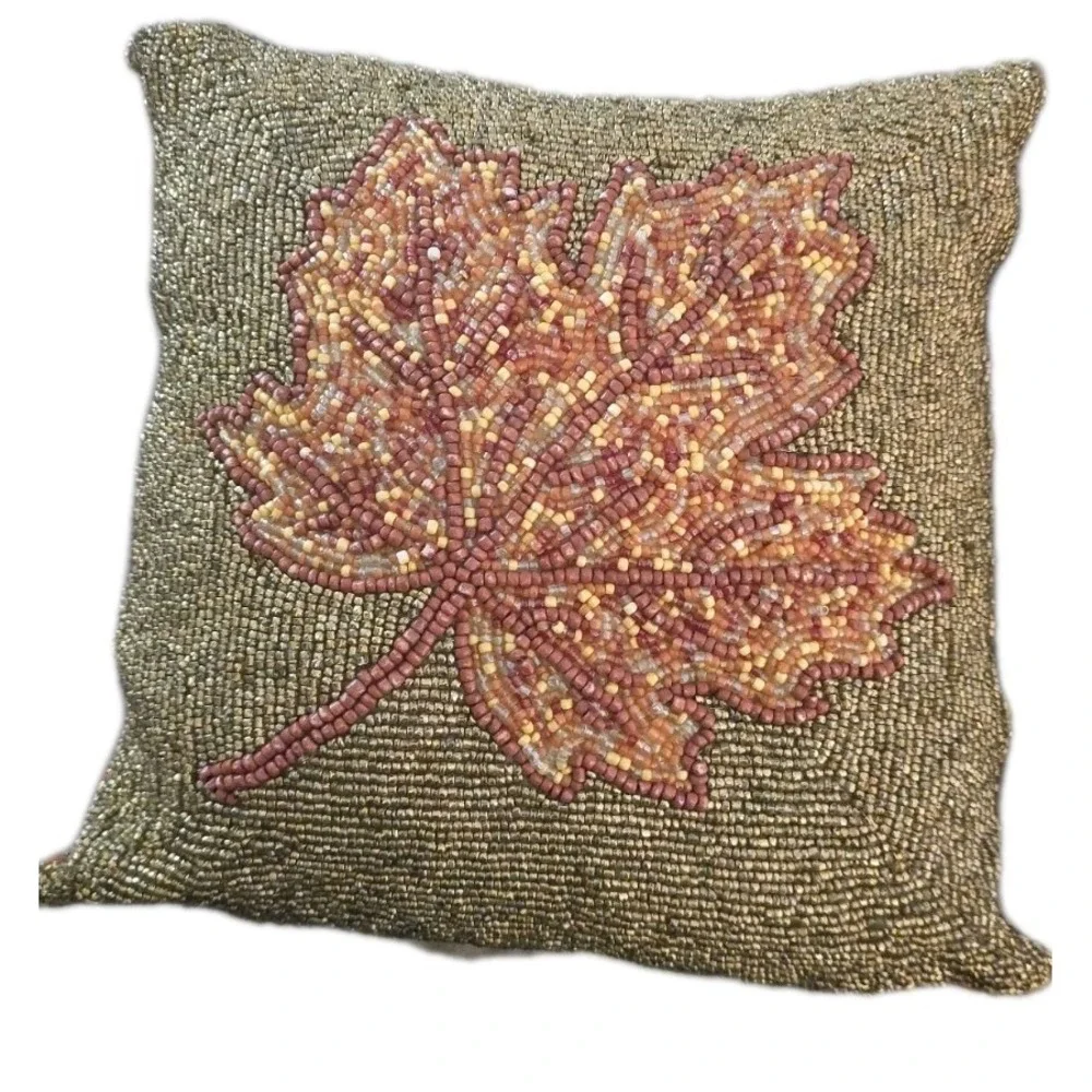 Lot‎ 2 Autumn Hill Beaded Fall Throw Pillows Pumpkin & Maple Leaf Harvest Decor